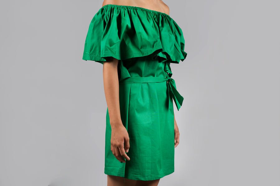 Kayık yaka kuşaklı elbise, yeşil